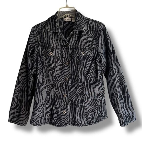 Chico's navy and light blue denim zebra print jacket - Picture 1 of 5